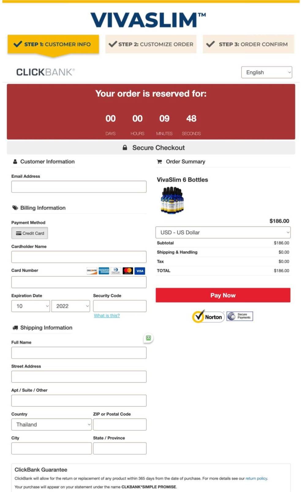 Protected checkout payment process for purchasing VivaSlim online